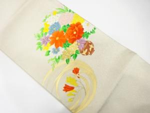 花瓶に花丸模様織り出し　開き名古屋帯（額縁仕立て）